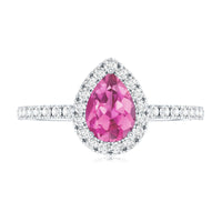 Natural Pink Tourmaline Teardrop Ring with Diamond Halo