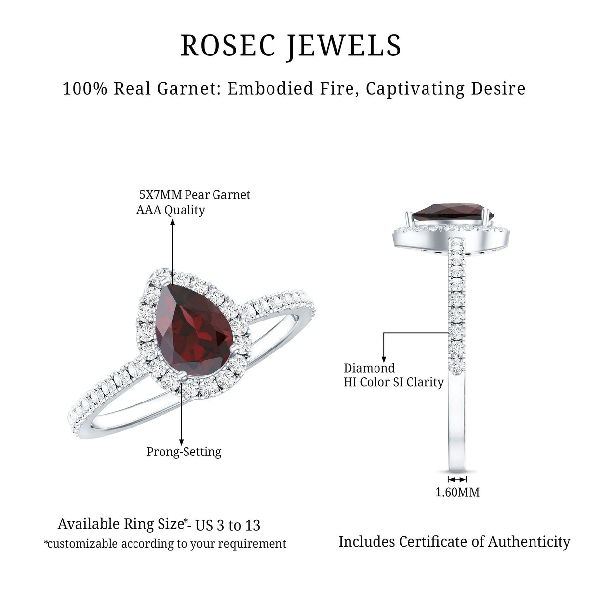 Natural 5X7mm Garnet Teardrop Engagement Ring with Diamond Halo