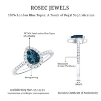0.7 Carat Pear Shape London Blue Topaz Teardrop Engagement Ring with Moissanite Halo