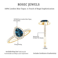 0.7 Carat Pear Shape London Blue Topaz Teardrop Engagement Ring with Moissanite Halo