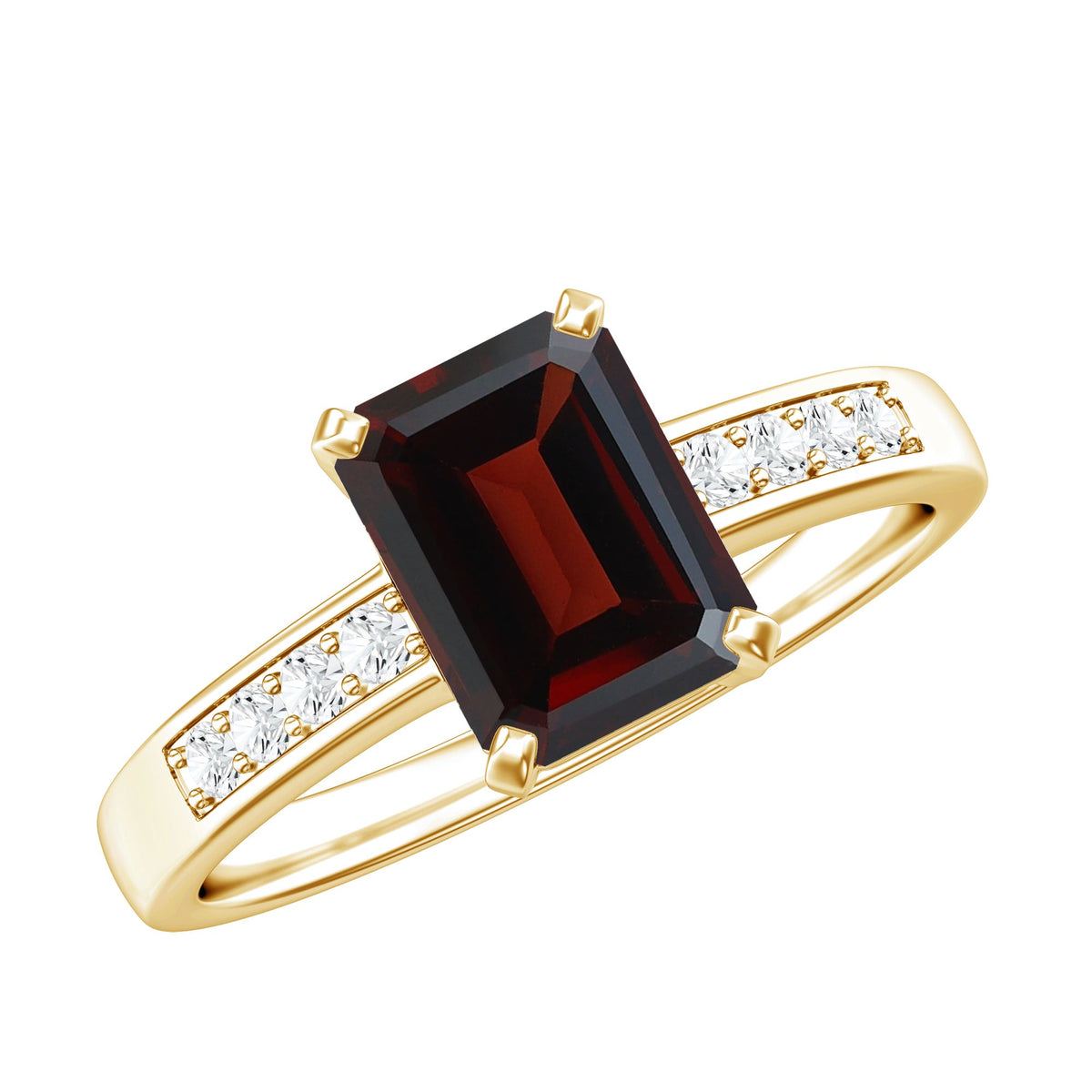 Certified Natural 6X8mm Garnet Emerald Cut Engagement Ring with Diamond