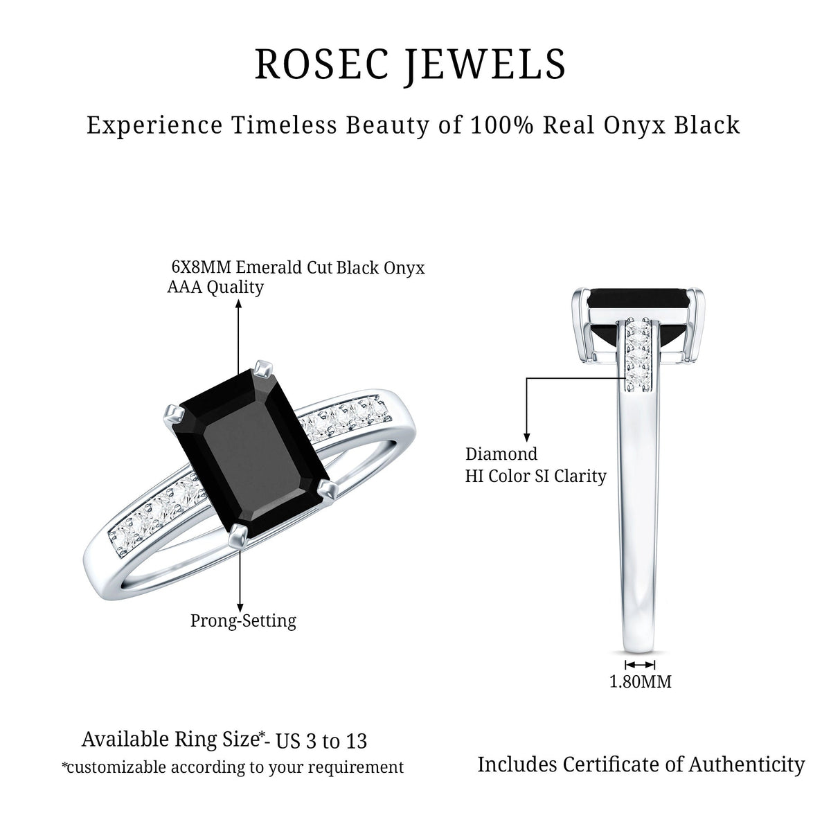 6X8mm Emerald Cut Black Onyx Engagement Ring with Diamond
