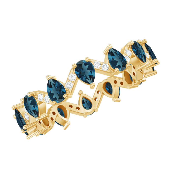 Pear shape London Blue Topaz and diamond full eternity band ring by Rosec Jewels featuring sparkling gemstones and intricate metalwork.