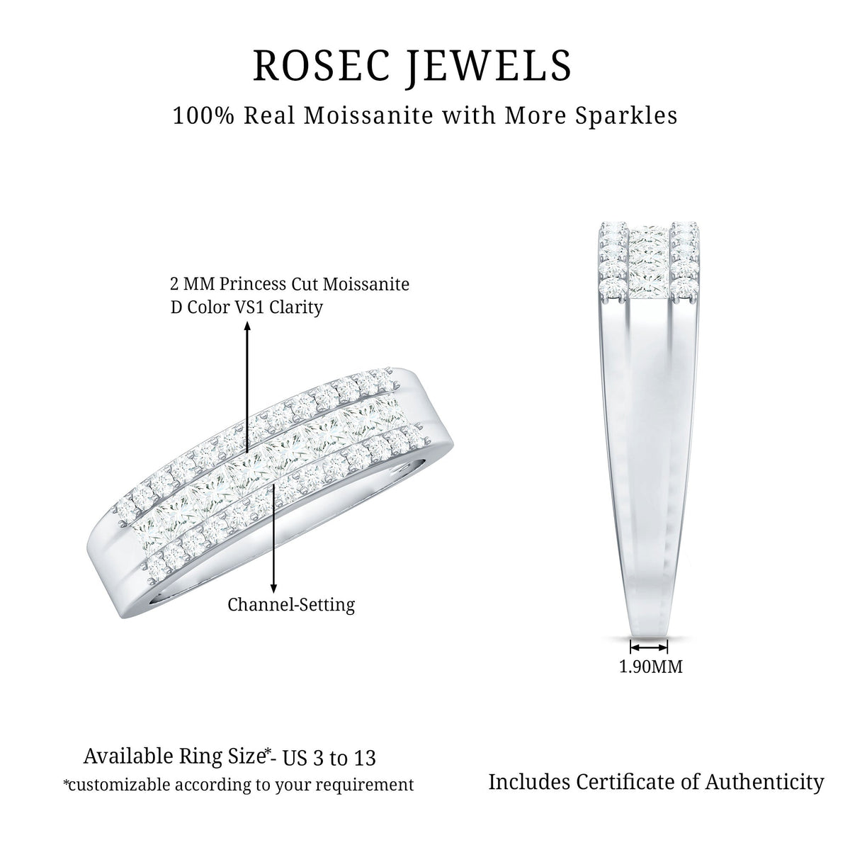 Certified Moissanite 3 Row Wedding Band for Men