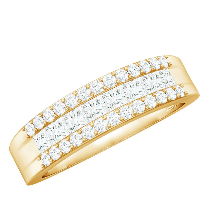 Certified Moissanite 3-row men's wedding band ring by Rosec Jewels, featuring sparkling gemstones and a sleek silver finish.