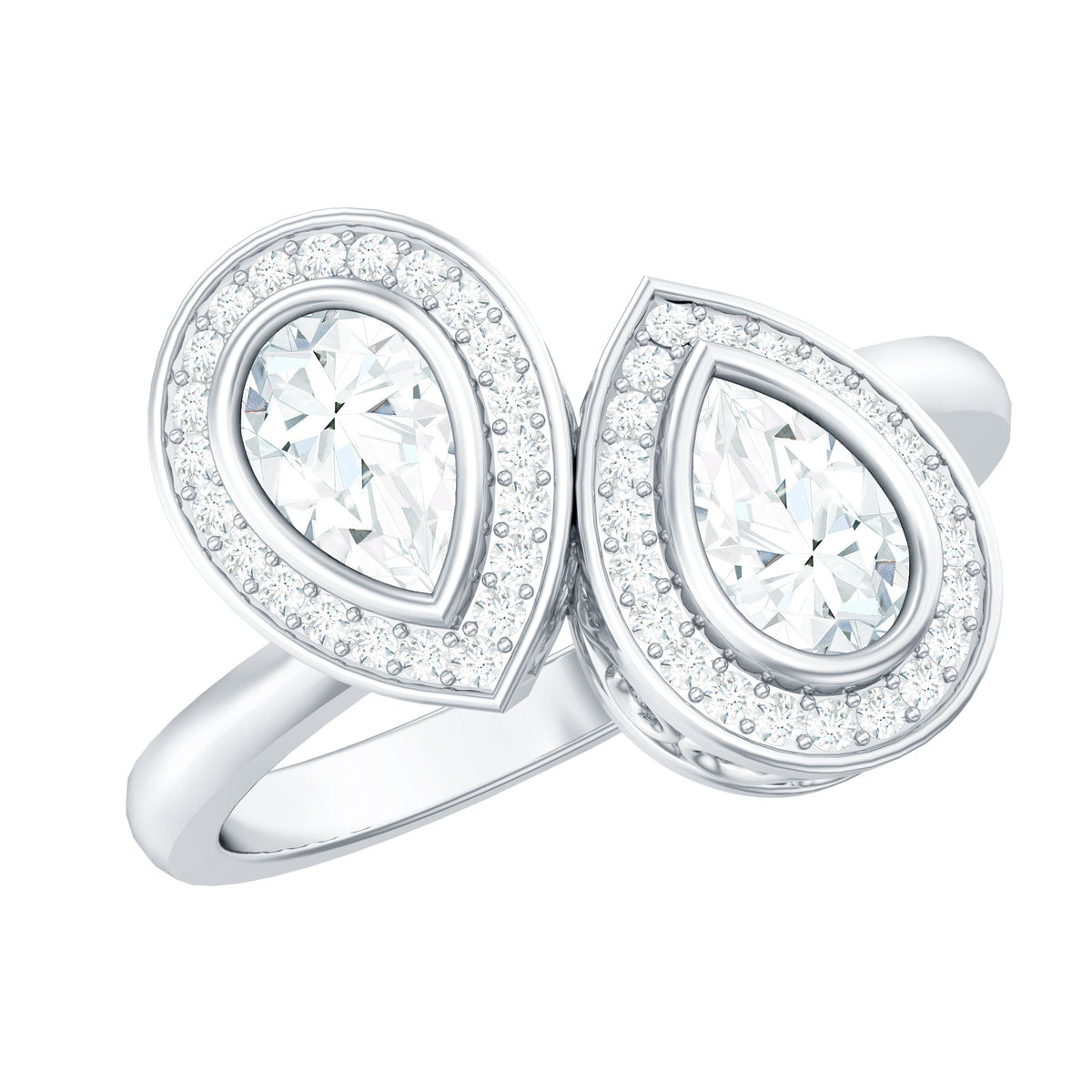 Pear Cut Moissanite Two Stone Engagement Ring with Halo