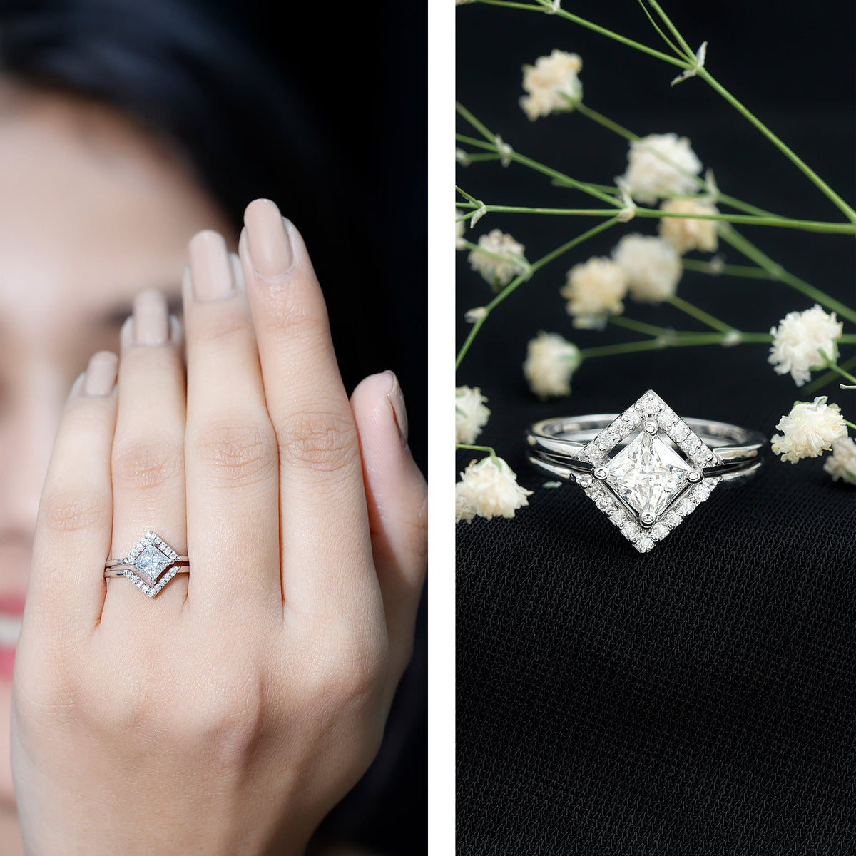 Certified Moissanite Princess Cut Wedding Ring Set for Women