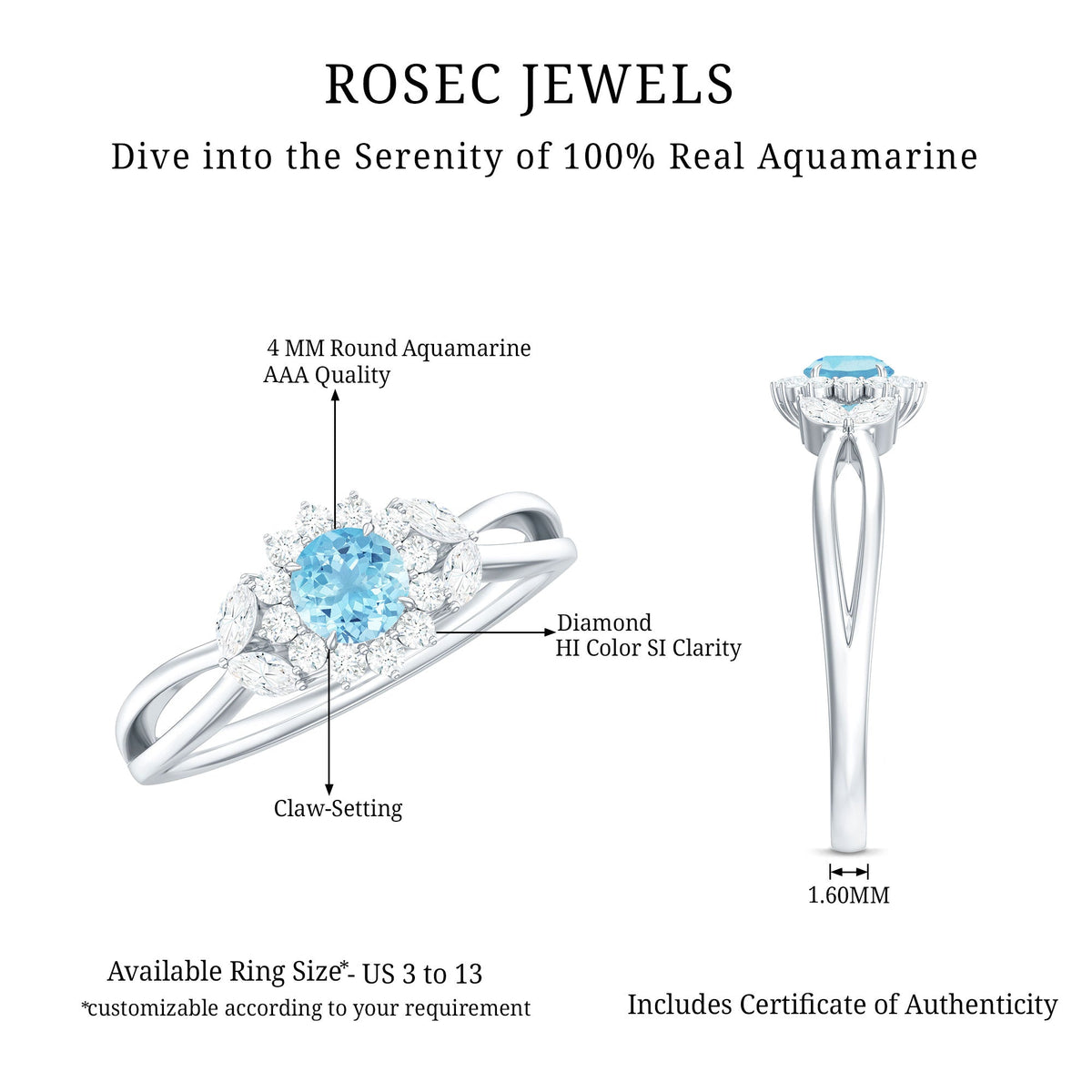 Natural aquamarine flower promise ring with diamond accents from Rosec Jewels, showcasing a detailed floral design on a sterling silver band.