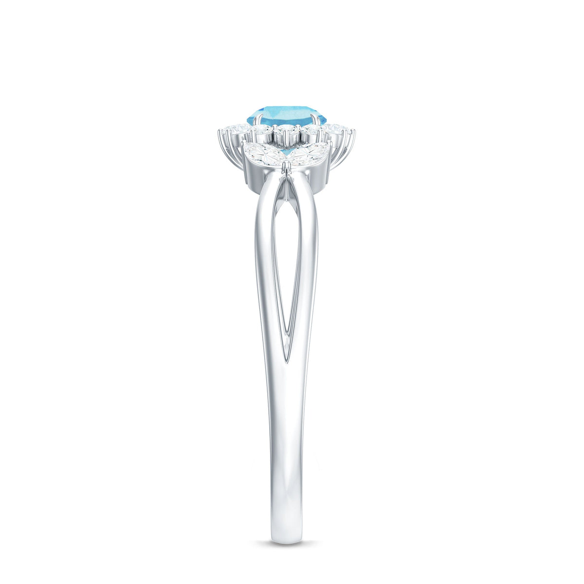 Natural aquamarine flower promise ring with diamond accents from Rosec Jewels, featuring a delicate flower design on the ring band.