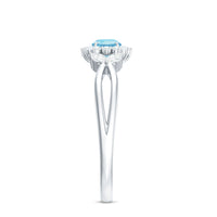 Natural aquamarine flower promise ring with diamond accents from Rosec Jewels, featuring a delicate flower design on the ring band.