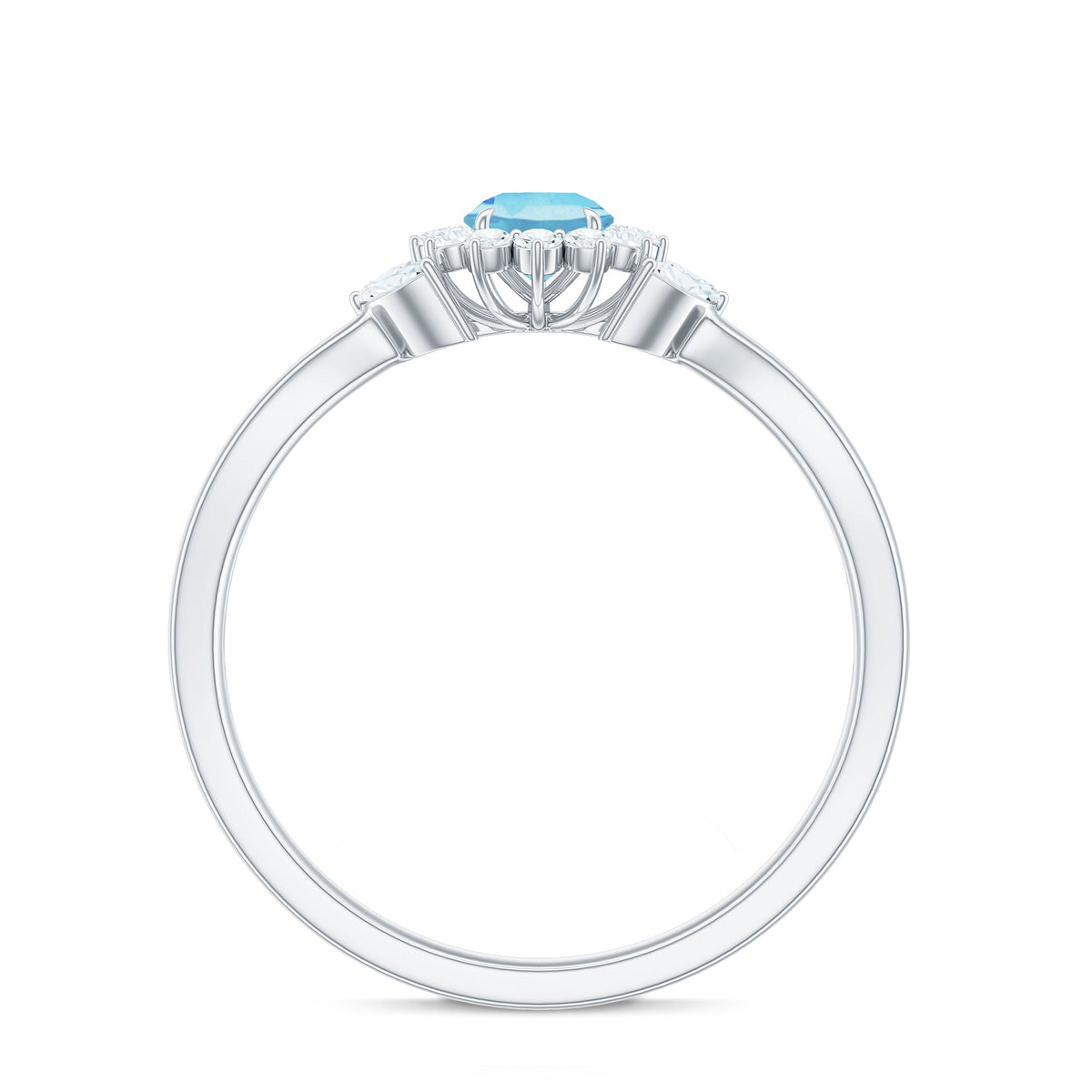 Natural aquamarine flower promise ring with diamond accents by Rosec Jewels, featuring a delicate floral design in sterling silver.