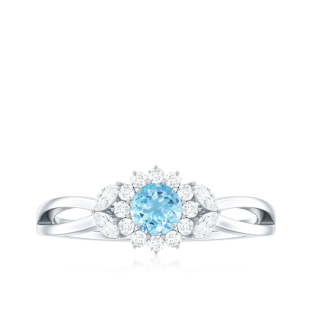 Natural aquamarine flower promise ring with diamond by Rosec Jewels, showcasing a delicate aquamarine flower design and sparkling diamond.