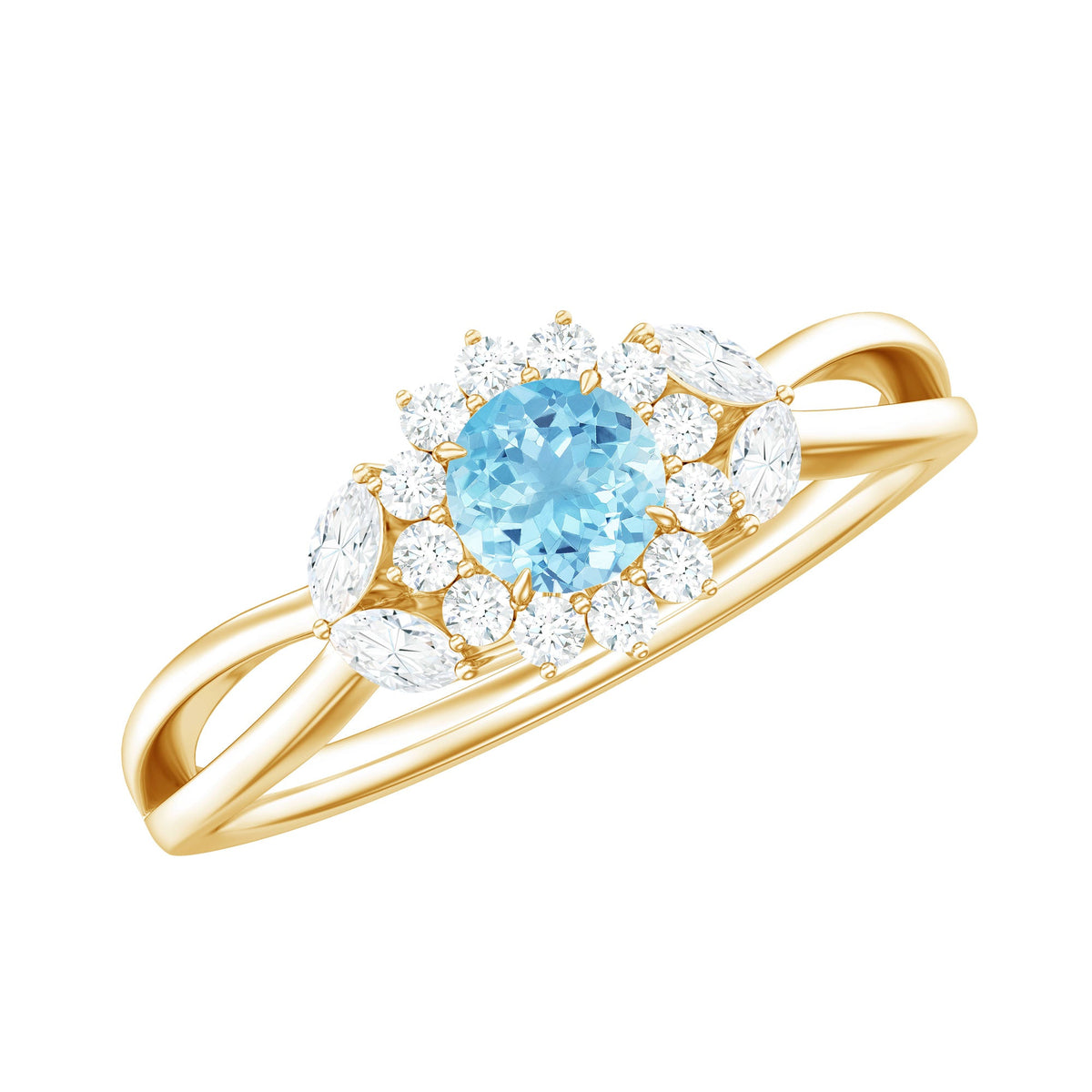 Natural aquamarine flower promise ring with diamond accents from Rosec Jewels, featuring a delicate floral design.