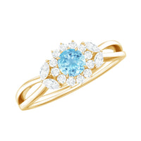 Natural aquamarine flower promise ring with diamond accents from Rosec Jewels, featuring a delicate floral design.