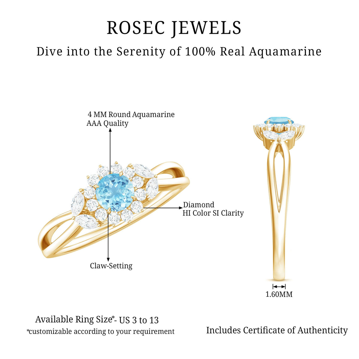 Natural aquamarine flower promise ring with diamond accents by Rosec Jewels, featuring intricate floral design and sparkling gemstone details.