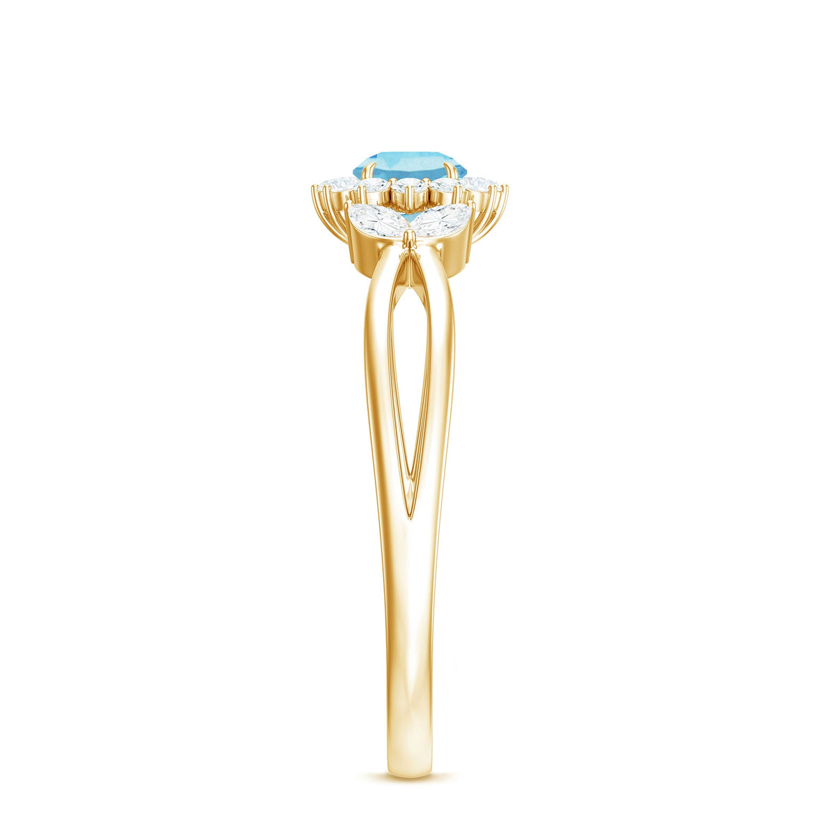 Natural aquamarine flower promise ring with diamond detail by Rosec Jewels, showcasing a delicate floral design in sterling silver.