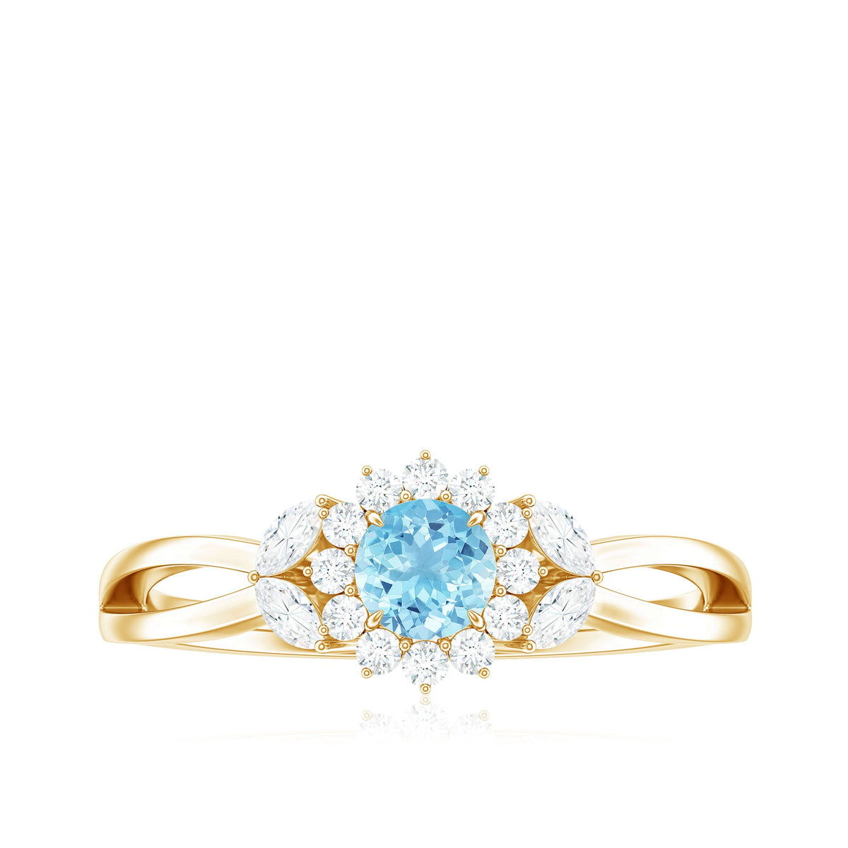 Natural aquamarine flower promise ring with diamond from Rosec Jewels, featuring a detailed floral design and sparkling gemstone accents.