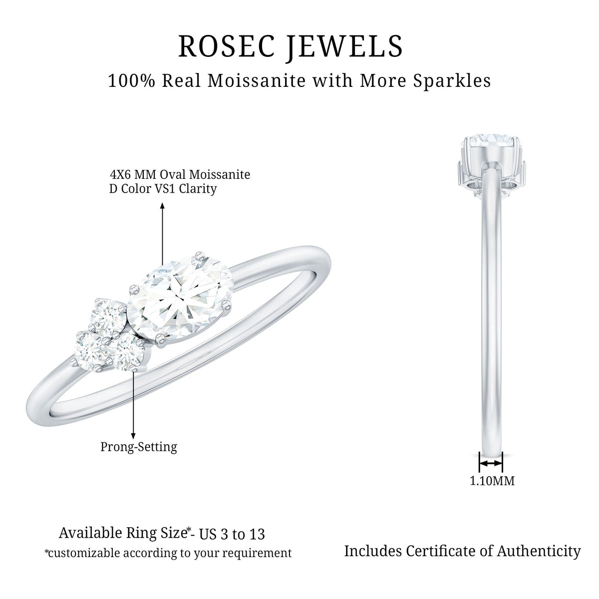 Oval and round moissanite promise ring for her by Rosec Jewels, featuring sparkling gemstones and a polished silver band.