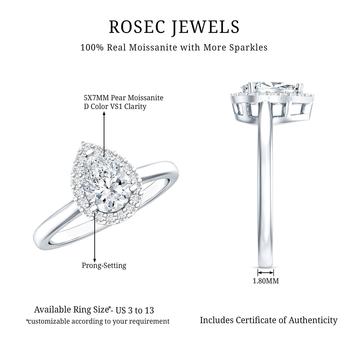Brilliant cut 0.7 carat moissanite teardrop engagement ring by Rosec Jewels showcasing sparkling center stone and elegant band.