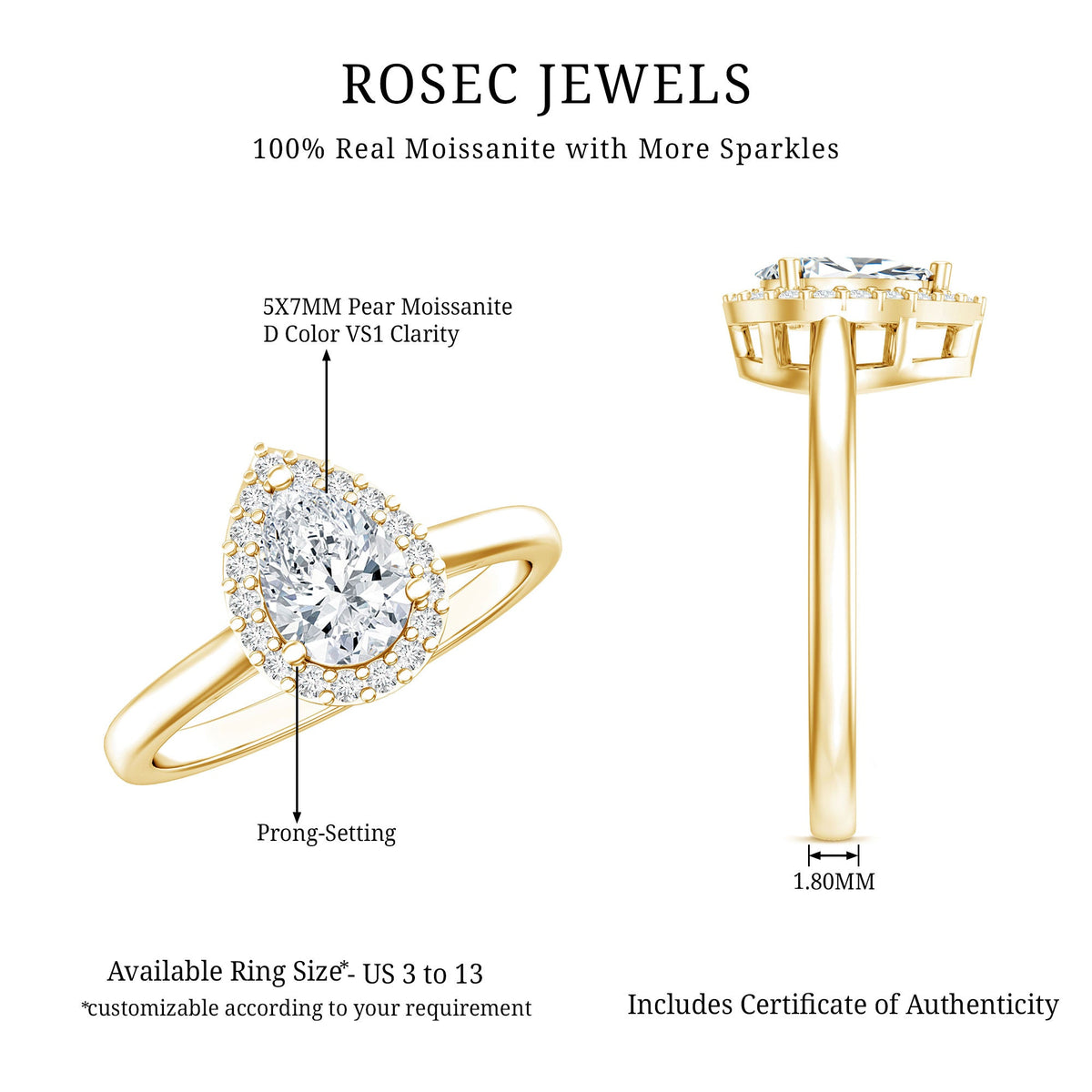 Rosec Jewels 0.7 carat brilliant cut moissanite teardrop engagement ring with a sleek band and sparkling gemstone.