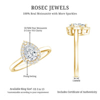 Rosec Jewels 0.7 carat brilliant cut moissanite teardrop engagement ring with a sleek band and sparkling gemstone.