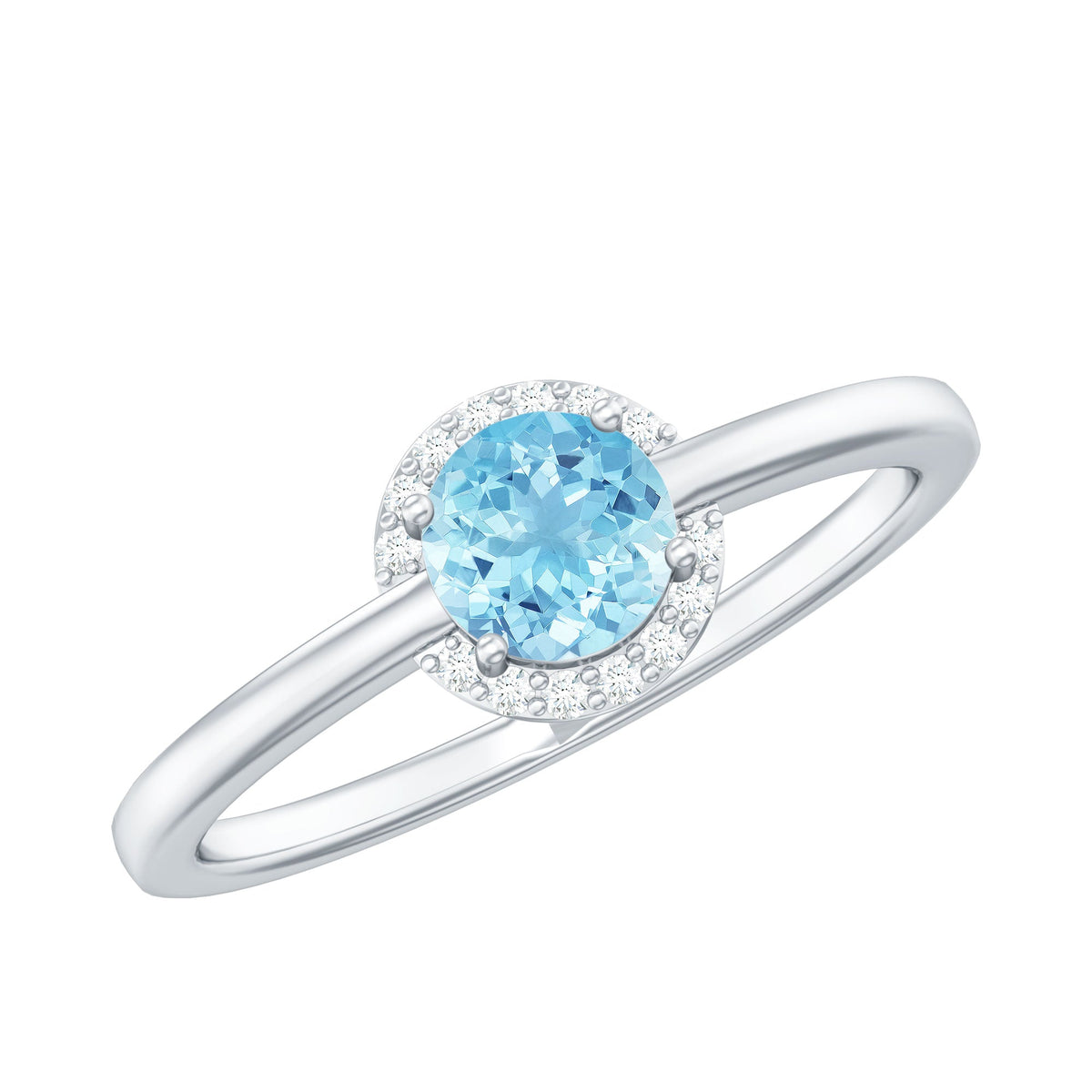 Certified real aquamarine promise ring by Rosec Jewels with diamond halo, showcasing a sparkling blue gemstone and elegant band.