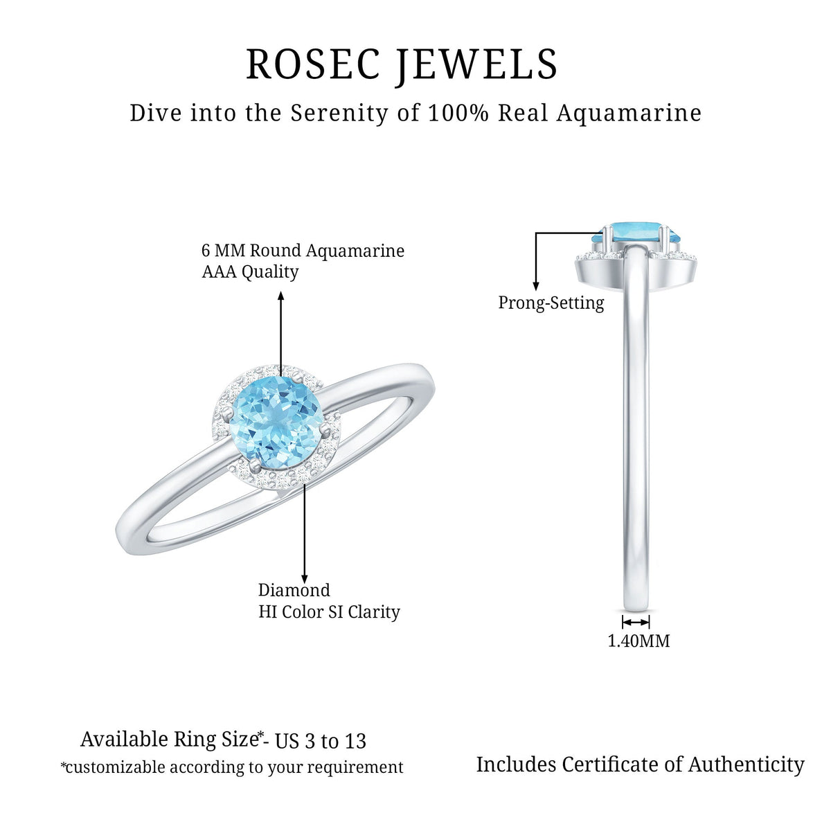 Certified real aquamarine promise ring with diamond halo, featuring a silver band and intricate detailing from Rosec Jewels.