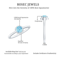 Certified real aquamarine promise ring with diamond halo, featuring a silver band and intricate detailing from Rosec Jewels.