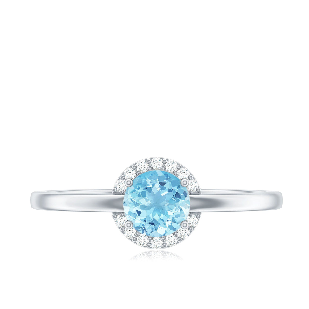 Rosec Jewels certified real aquamarine promise ring with diamond halo, showcasing a vibrant blue gemstone and sparkling accents.