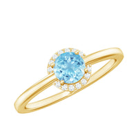 Certified real aquamarine promise ring with diamond halo from Rosec Jewels, featuring a central aquamarine gemstone surrounded by sparkling diamonds.