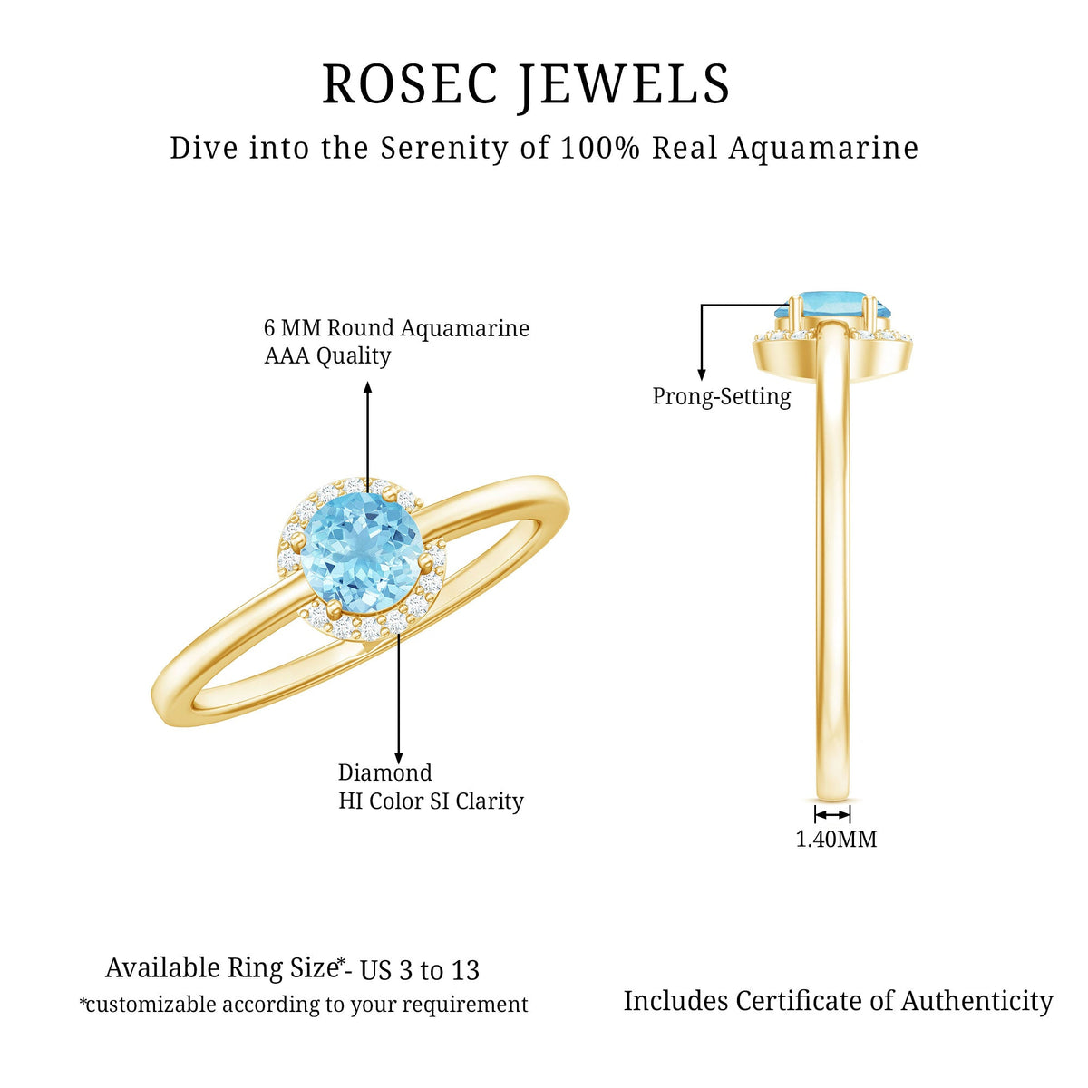 Certified real aquamarine promise ring with diamond halo from Rosec Jewels, showcasing a sparkling blue gemstone and elegant design.