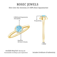 Certified real aquamarine promise ring with diamond halo from Rosec Jewels, showcasing a sparkling blue gemstone and elegant design.