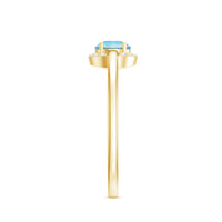 Certified real aquamarine promise ring with diamond halo, featuring a silver band and elegant gemstone setting.