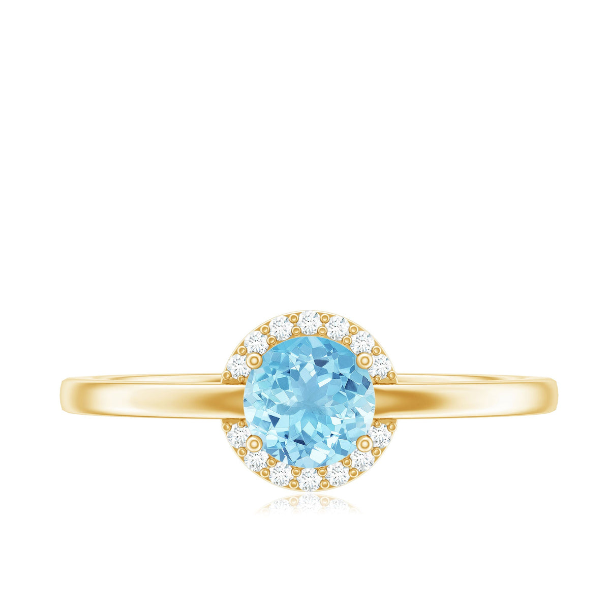 Certified real aquamarine promise ring with diamond halo from Rosec Jewels, showcasing a detailed silver band and vibrant blue gemstone.