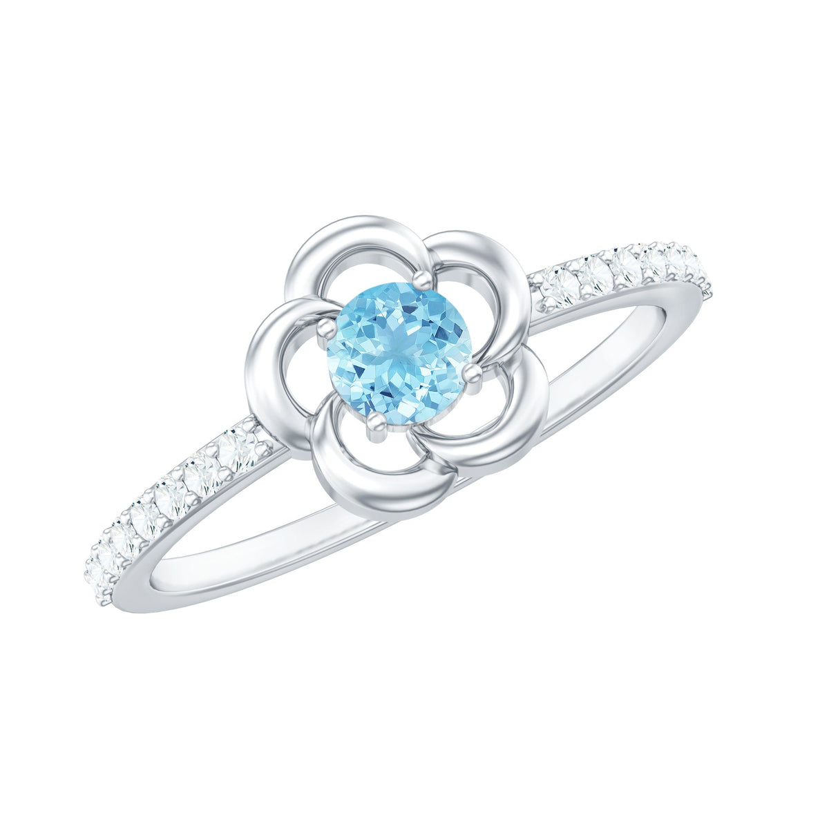 Natural aquamarine and diamond flower promise ring by Rosec Jewels, featuring intricate floral design and sparkling gemstones.