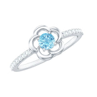 Natural aquamarine and diamond flower promise ring by Rosec Jewels, featuring intricate floral design and sparkling gemstones.