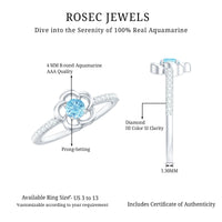 Natural aquamarine and diamond flower promise ring by Rosec Jewels featuring a detailed design and certificate of authenticity.