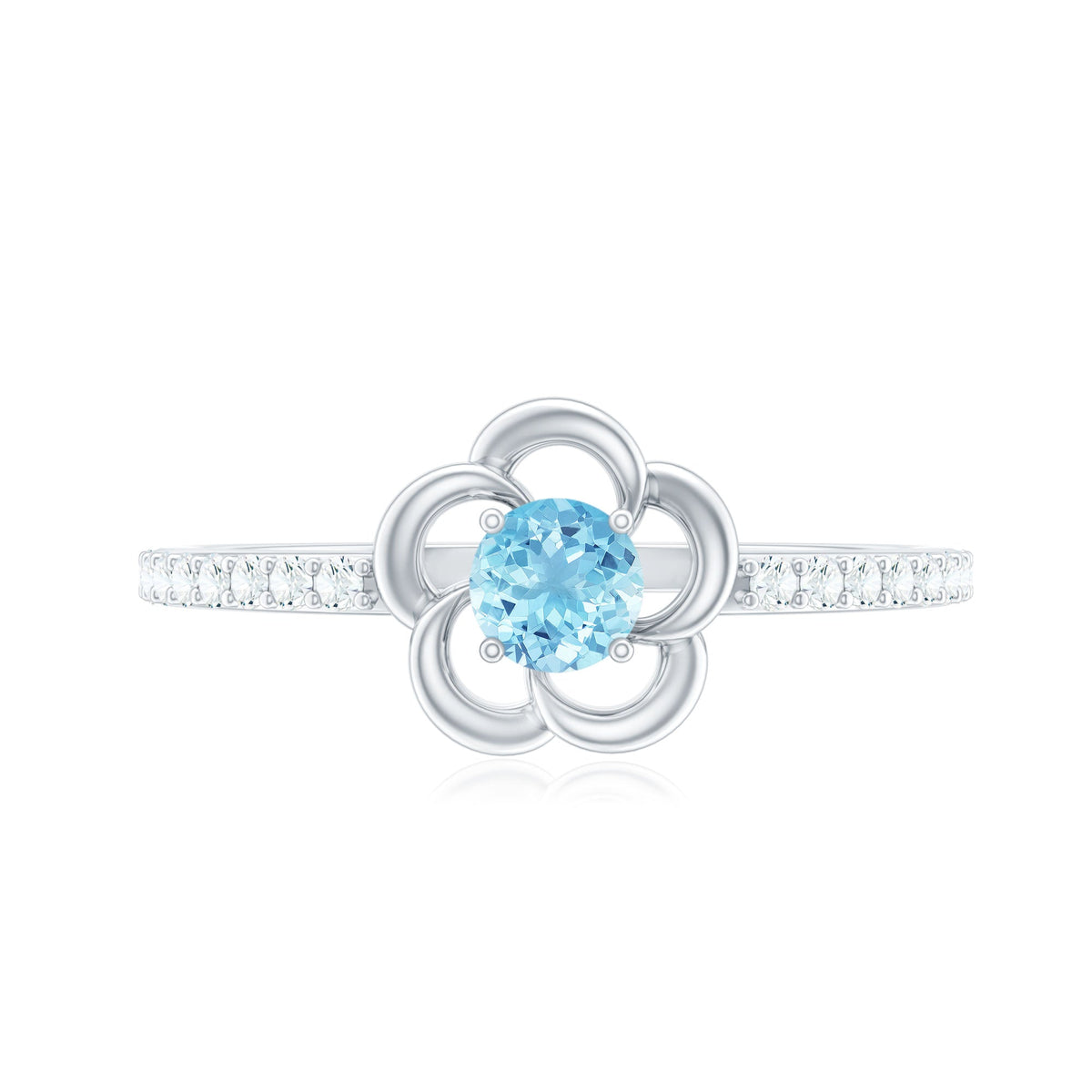 Natural aquamarine diamond flower promise ring by Rosec Jewels featuring a detailed floral design and sparkling gemstones.