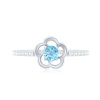 Natural aquamarine diamond flower promise ring by Rosec Jewels featuring a detailed floral design and sparkling gemstones.