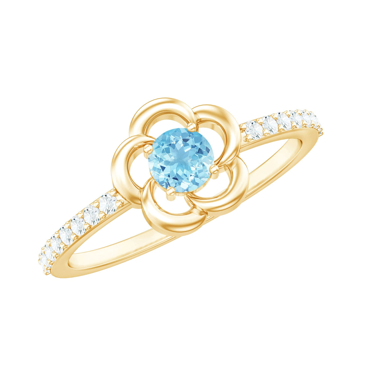 Natural aquamarine and diamond flower promise ring by Rosec Jewels, featuring detailed gemstone settings and elegant design.