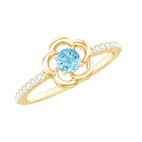 Natural aquamarine and diamond flower promise ring by Rosec Jewels, featuring detailed gemstone settings and elegant design.