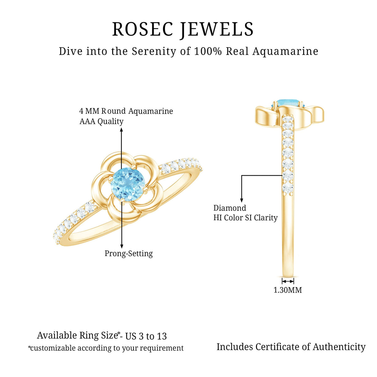 Natural aquamarine diamond flower promise ring by Rosec Jewels featuring a delicate flower design and a certificate of authenticity.