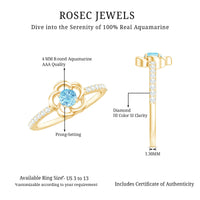 Natural aquamarine diamond flower promise ring by Rosec Jewels featuring a delicate flower design and a certificate of authenticity.