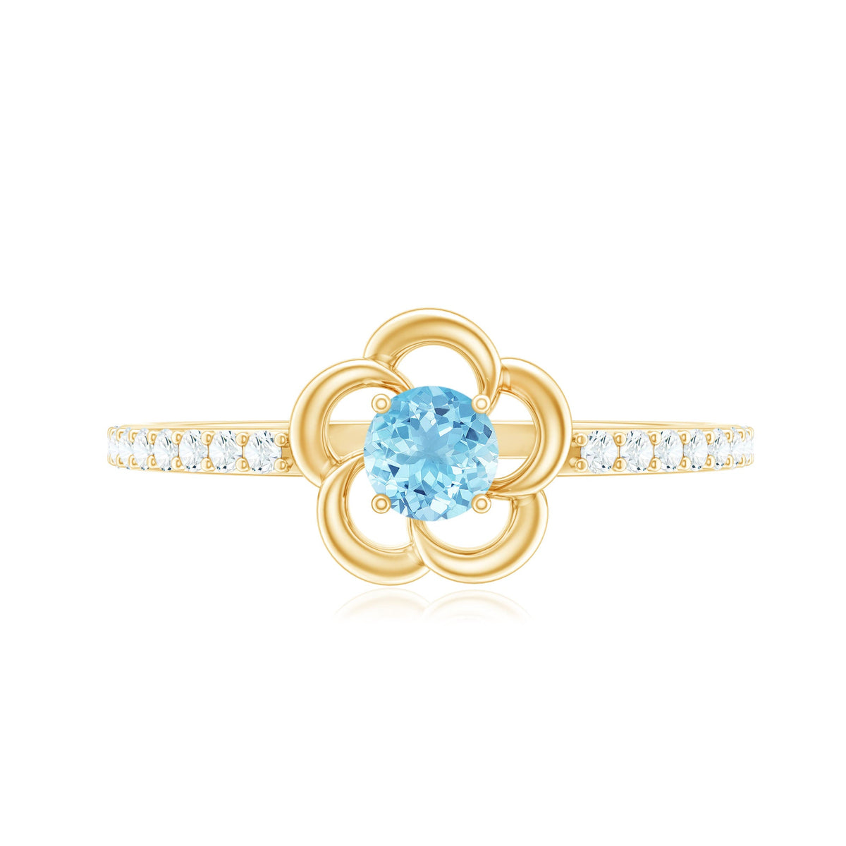 Natural aquamarine and diamond flower promise ring by Rosec Jewels featuring detailed gemstone settings and elegant design.