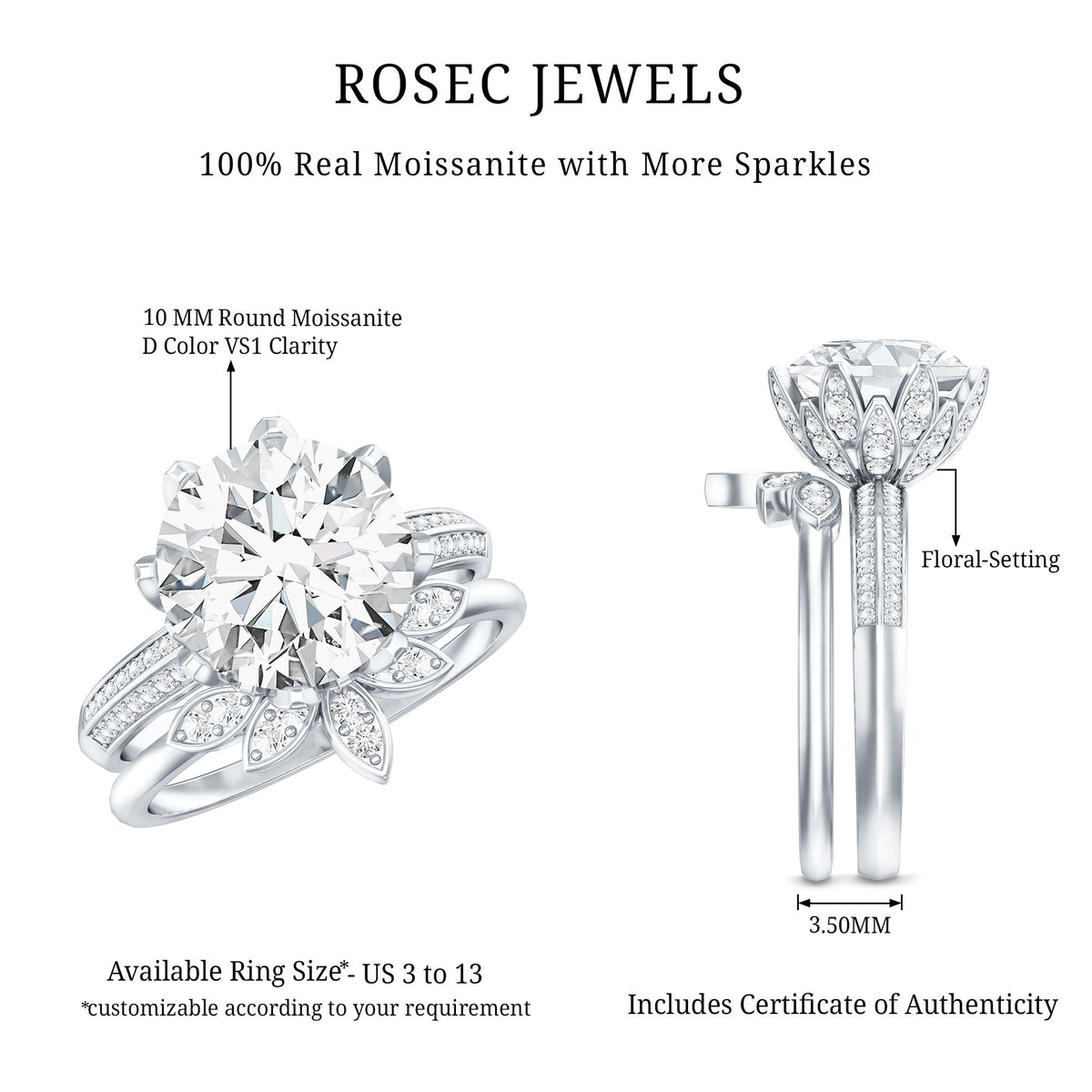 10MM Round Moissanite Flower Engagement Ring With Enhancer