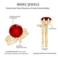 Lab Grown Ruby Flower Bridal Engagement Ring Set with Moissanite