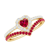 Lab Created Ruby and Diamond Heart Wedding Ring Set