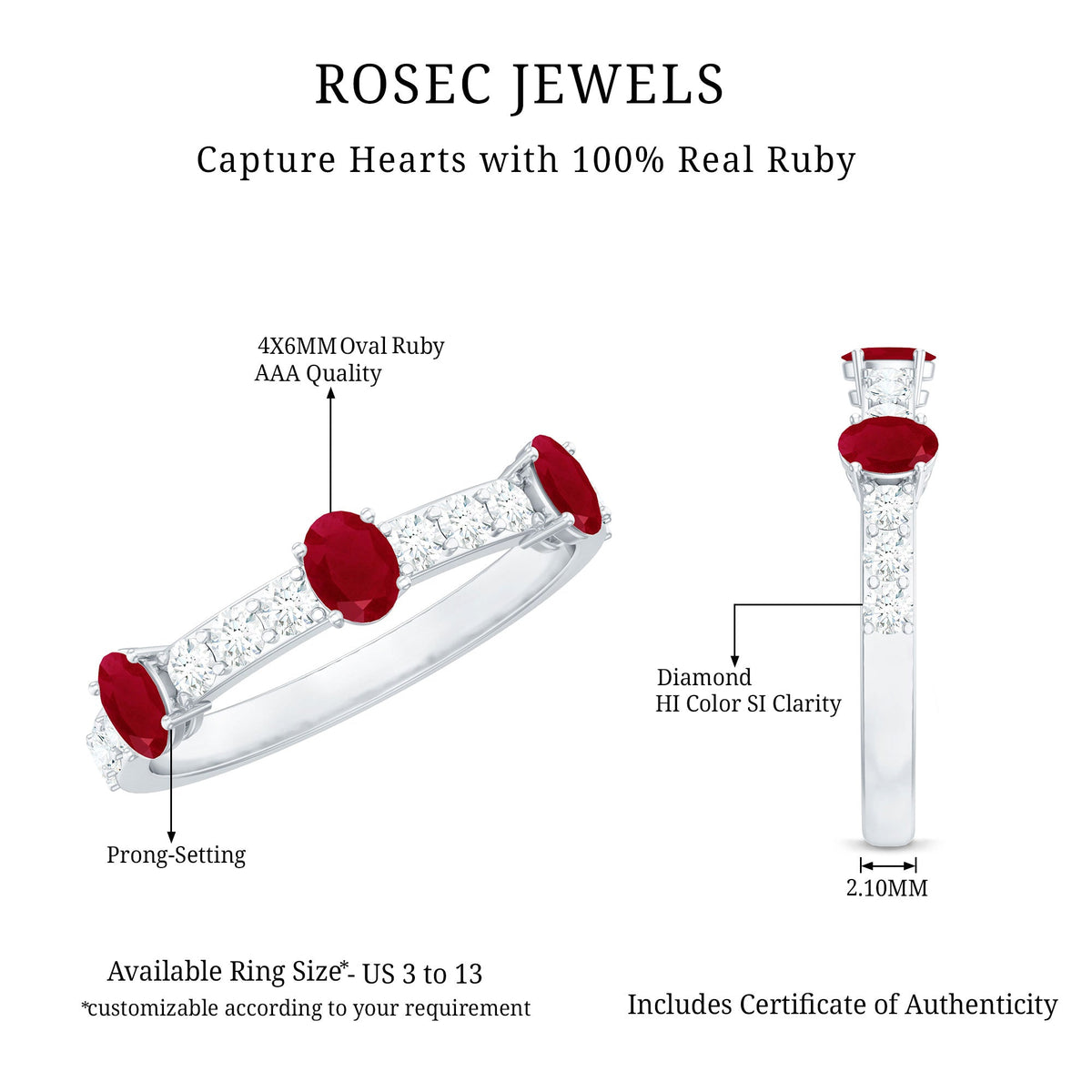 Natural Oval Ruby Half Eternity Ring with Diamond