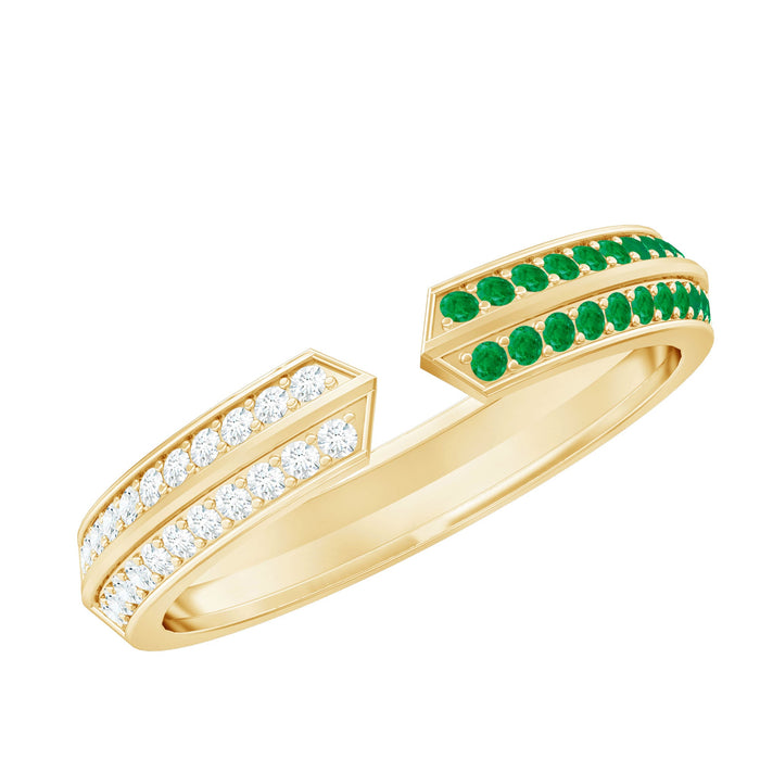 Contemporary emerald and diamond open wedding band ring by Rosec Jewels featuring green emeralds and sparkling diamonds.