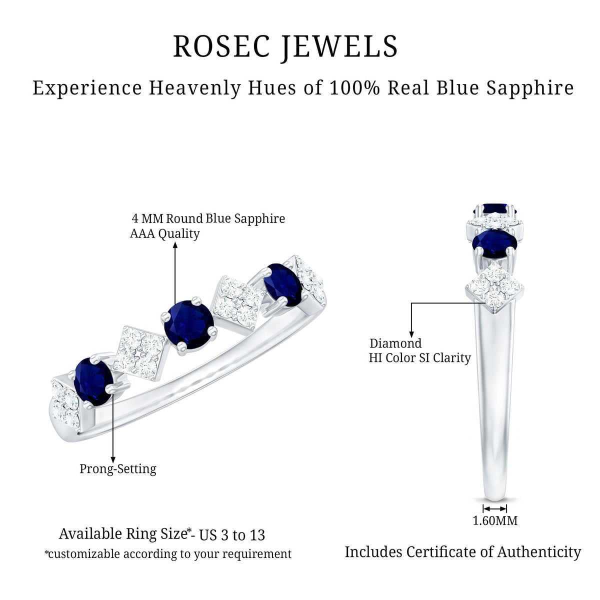 Natural Blue Sapphire and Diamond Half Eternity Band Ring for Women